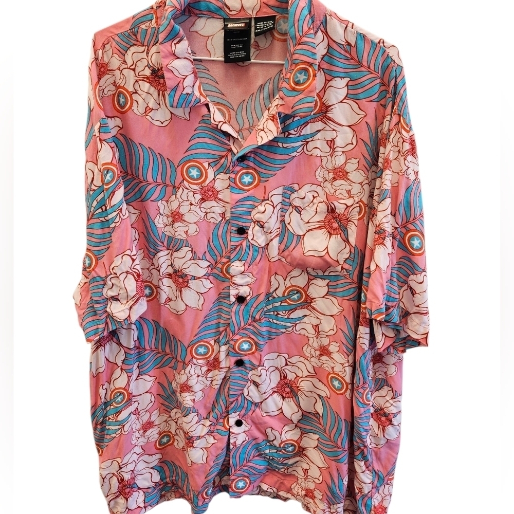 Marvel Captain America Mens Hawaiian Button Down Shirt Pink - Picture 5 of 5